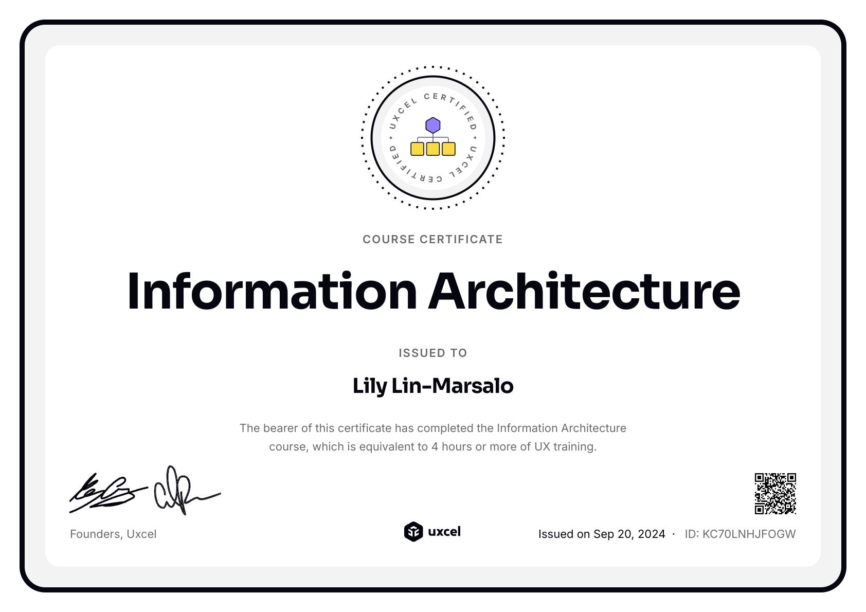 Lily Lin-Marsalo's certificate